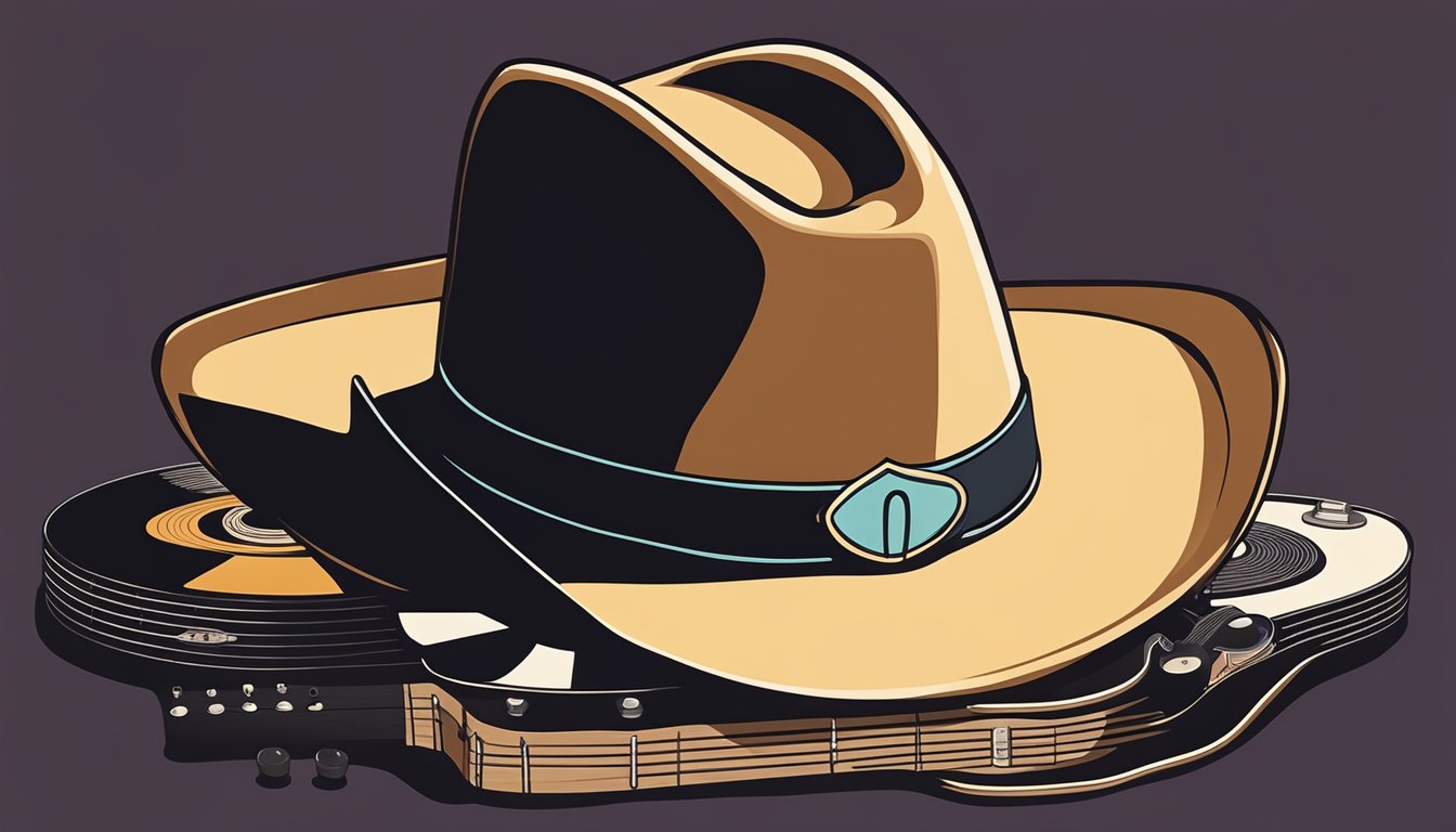 A lone cowboy hat resting on a guitar, surrounded by vintage vinyl records and a stage spotlight