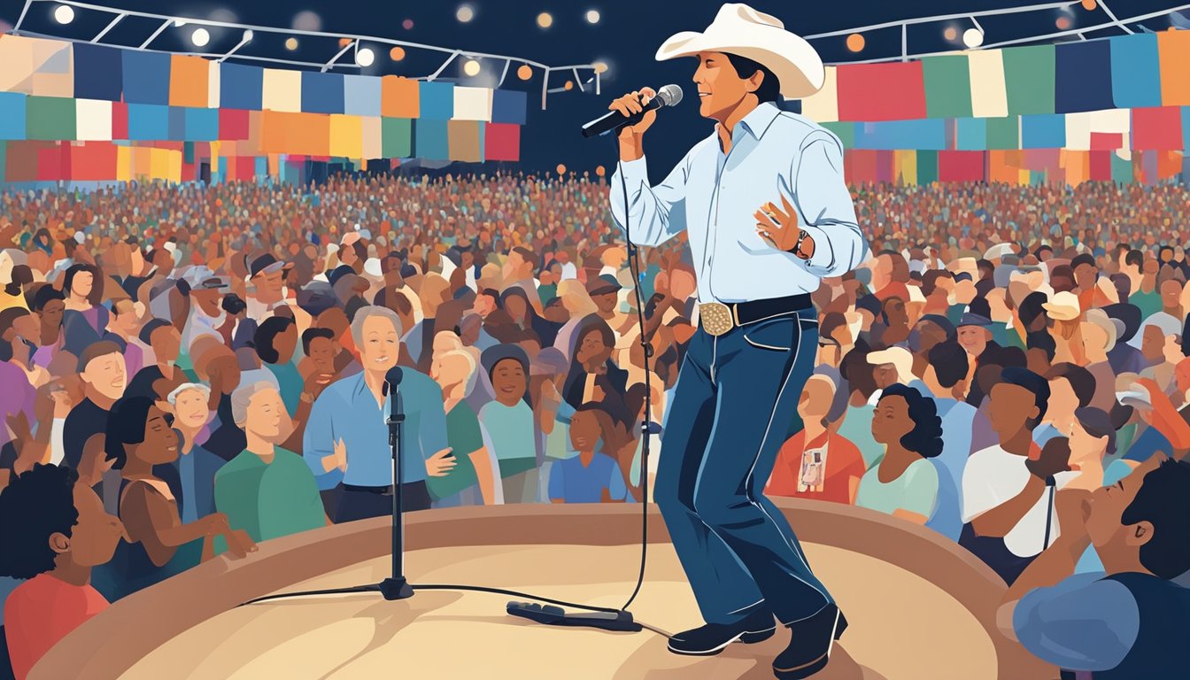 George Strait performing at a benefit concert, surrounded by a diverse crowd of people. He is holding a microphone and singing on a stage adorned with banners promoting education