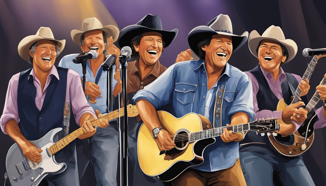 George Strait joking with his bandmates on stage, sharing laughs and smiles while entertaining the audience