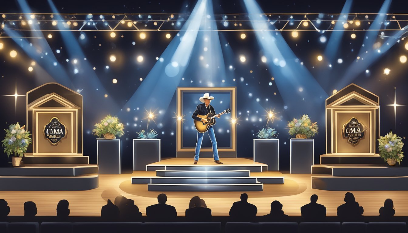 A stage adorned with six George Strait awards, surrounded by a spotlight, symbolizing his legacy as CMA Entertainer of the Year in 1989