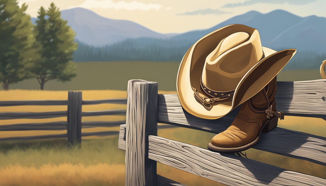 A cowboy hat resting on a fence post, with a lasso looped over the top and a pair of boots kicked off nearby