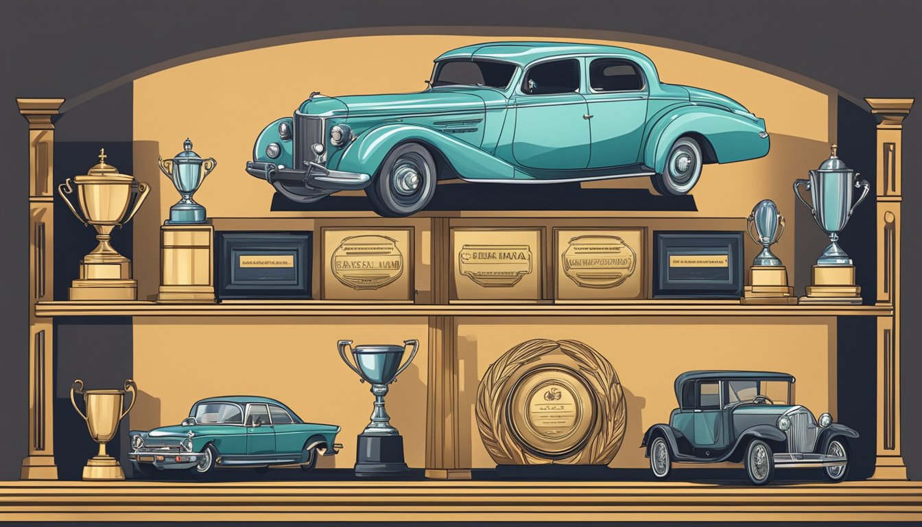 A vintage car parked in front of a row of six awards on a shelf