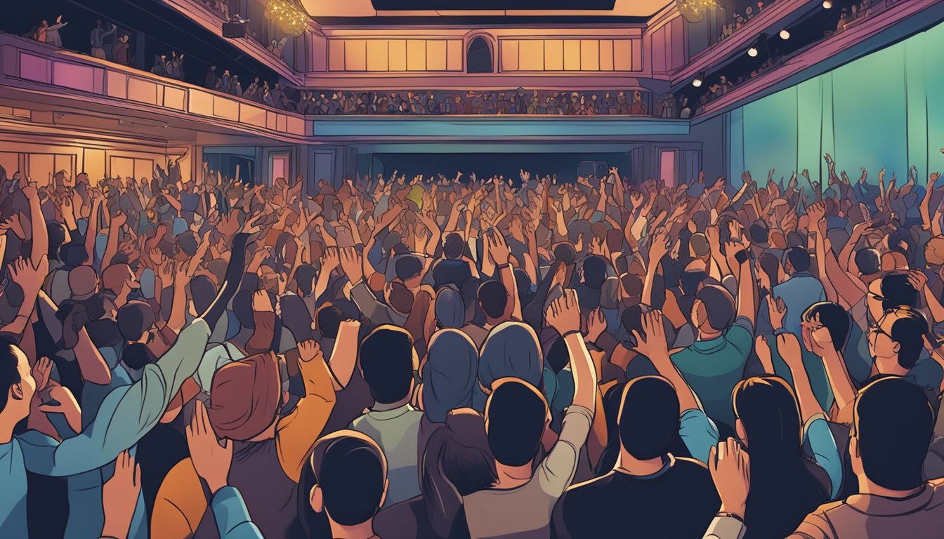 A crowded concert venue with a stage and a band performing, while the audience cheers and dances along to the music