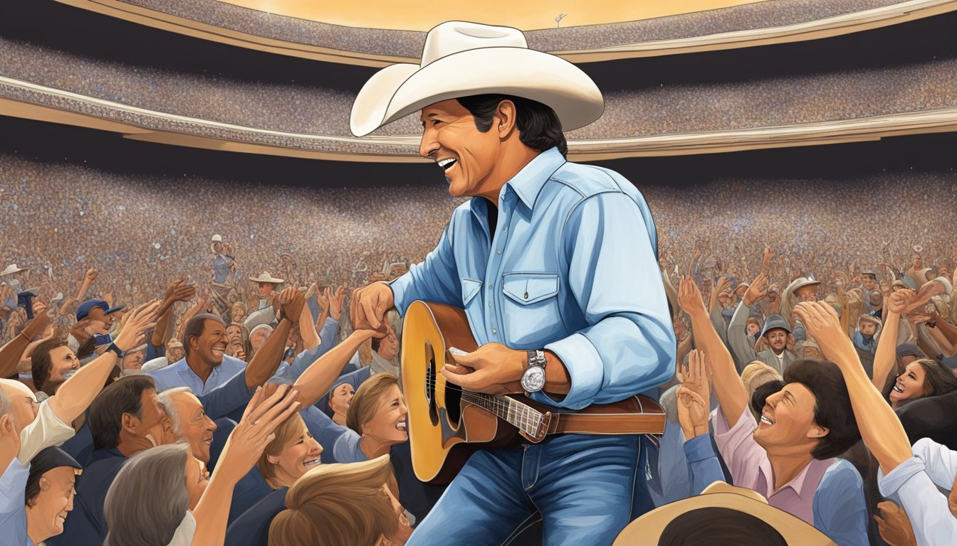 George Strait playfully tosses his cowboy hat into the crowd, eliciting laughter from the audience