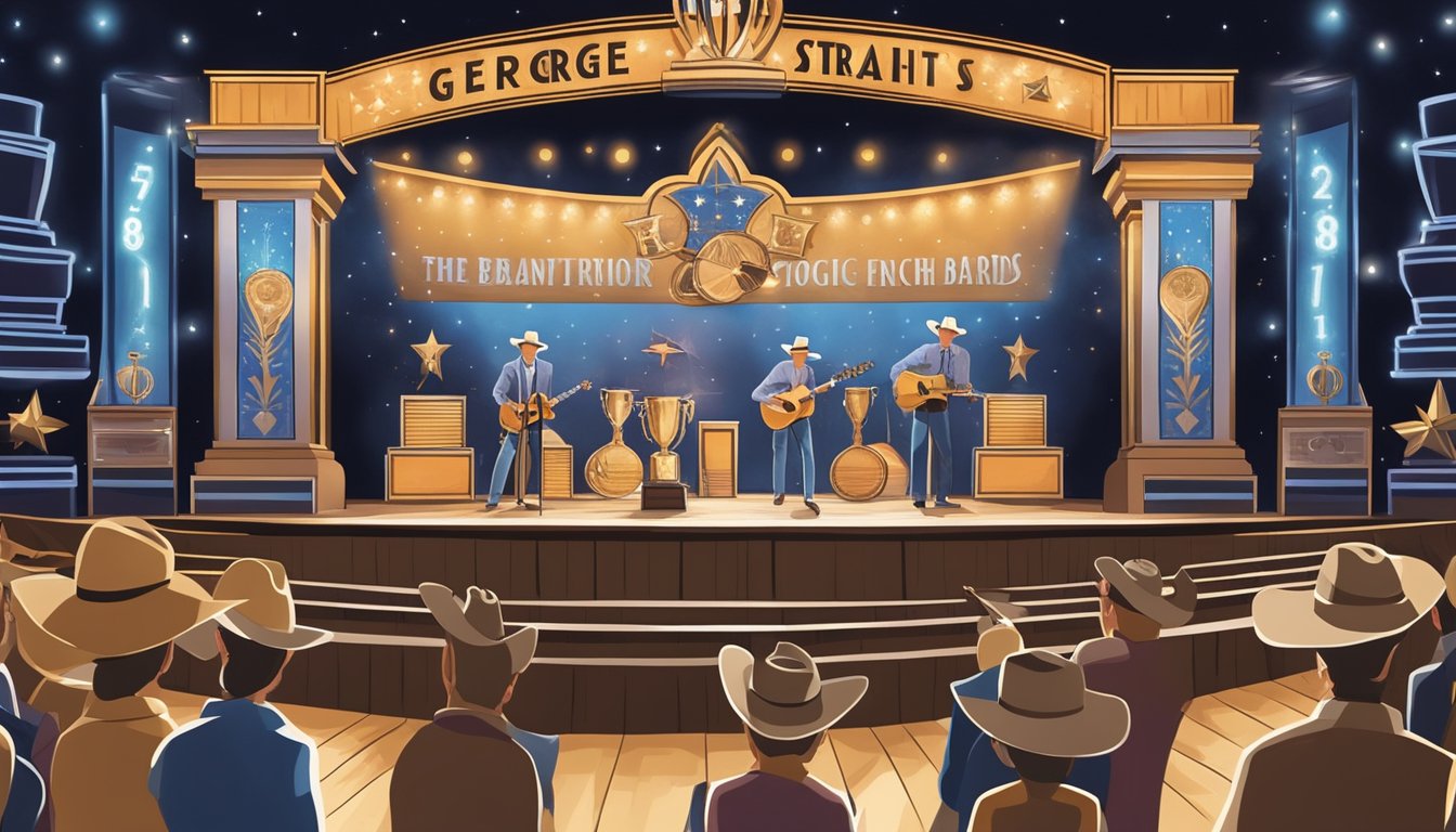 A stage with six gleaming trophies surrounded by country-themed decor, evoking the essence of George Strait's legacy as a top country artist at the 1996 Billboard Music Awards