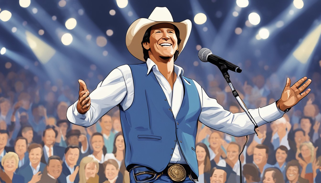 George Strait holding a microphone on stage, smiling and gesturing with humor