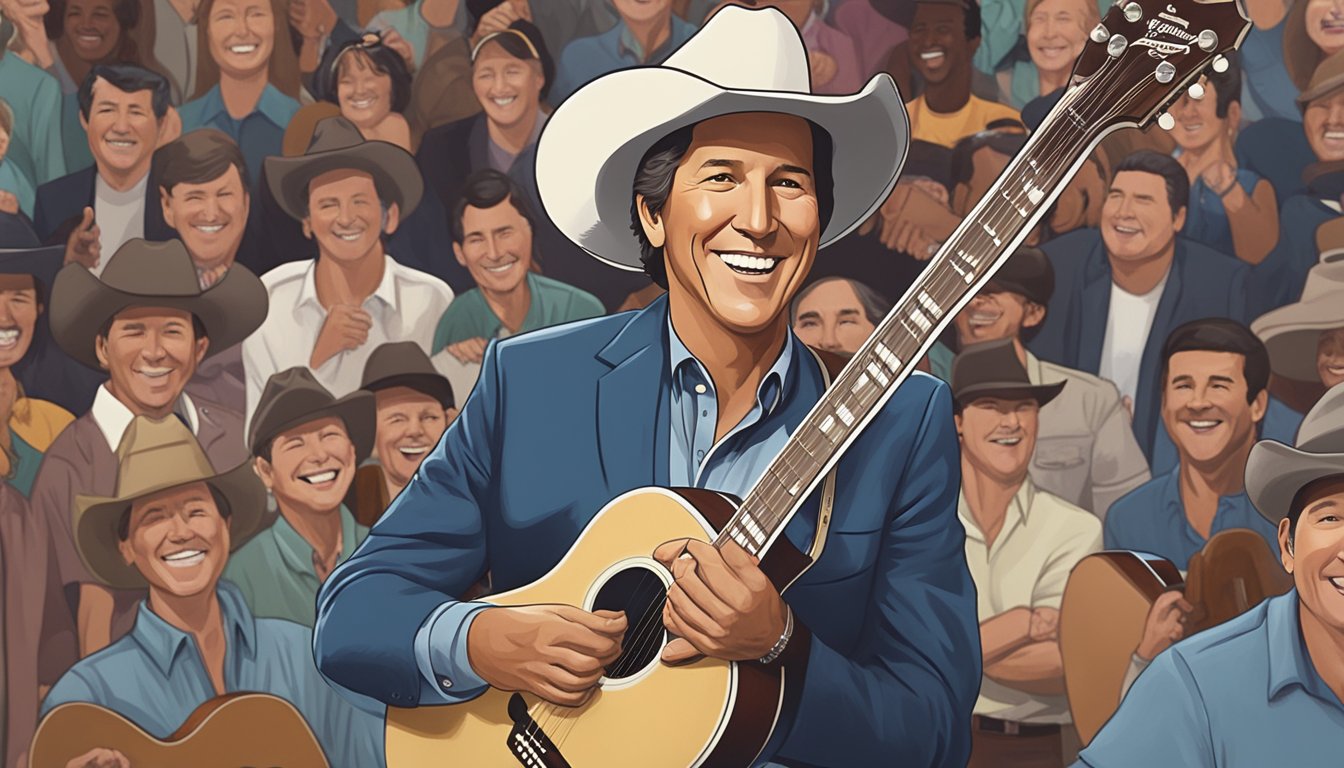 George Strait holding a guitar with a small crowd laughing at his early career memorabilia while he confidently smiles at them