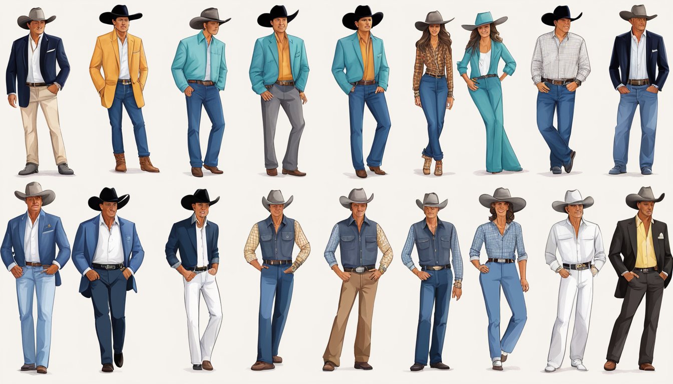 A series of 14 fashion illustrations showing George Strait's evolving style over the years, featuring iconic outfits and signature looks