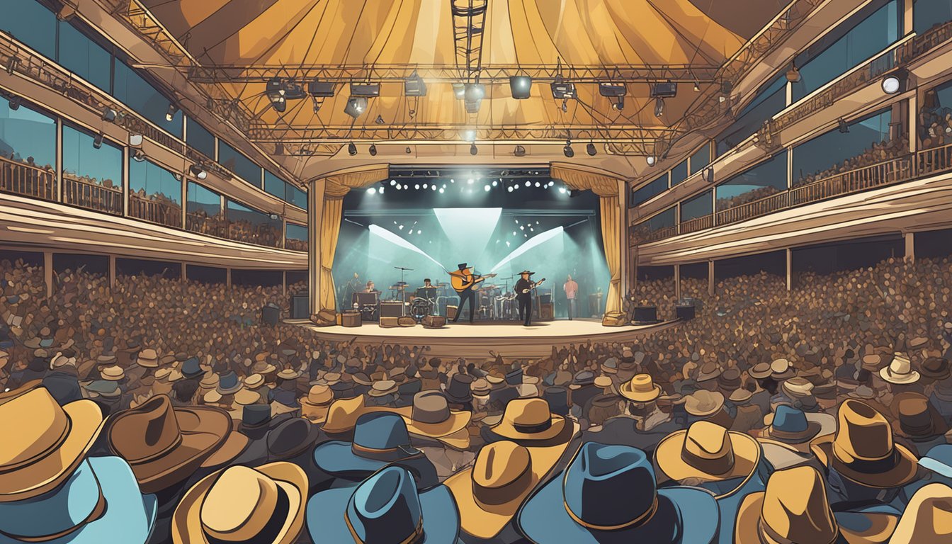 A stage with six gleaming awards, surrounded by images of cowboy hats, guitars, and a crowd of cheering fans