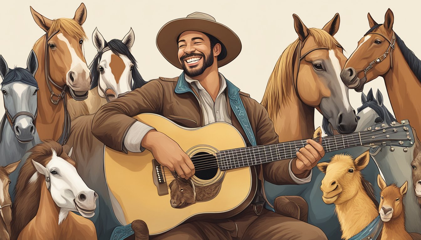 A cowboy hat wearing a smiling horse holding a guitar surrounded by laughing animals