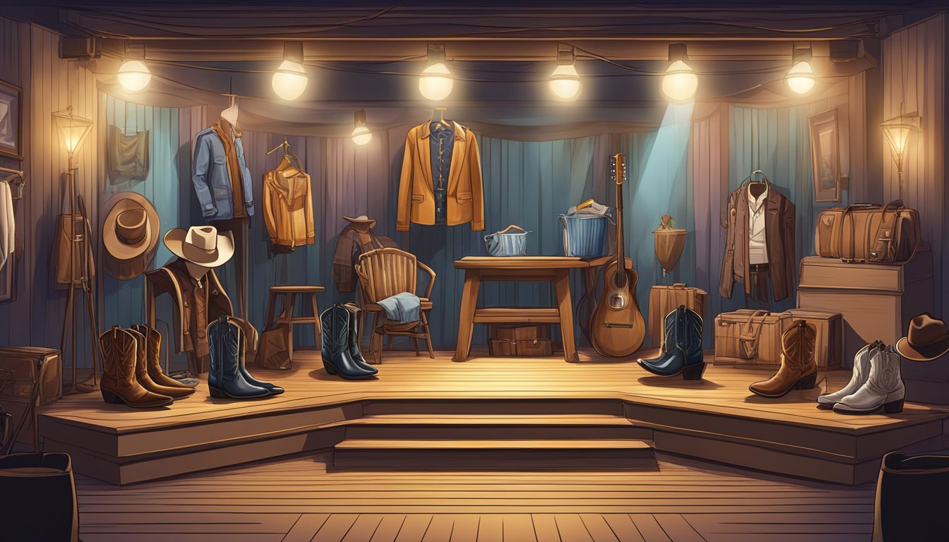 A stage with spotlights, cowboy boots, and a collection of stylish Western outfits on display