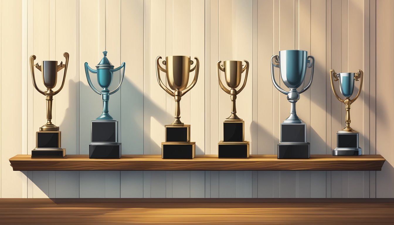 A row of six awards arranged on a polished wooden shelf, each gleaming under a spotlight, casting long shadows on the wall behind