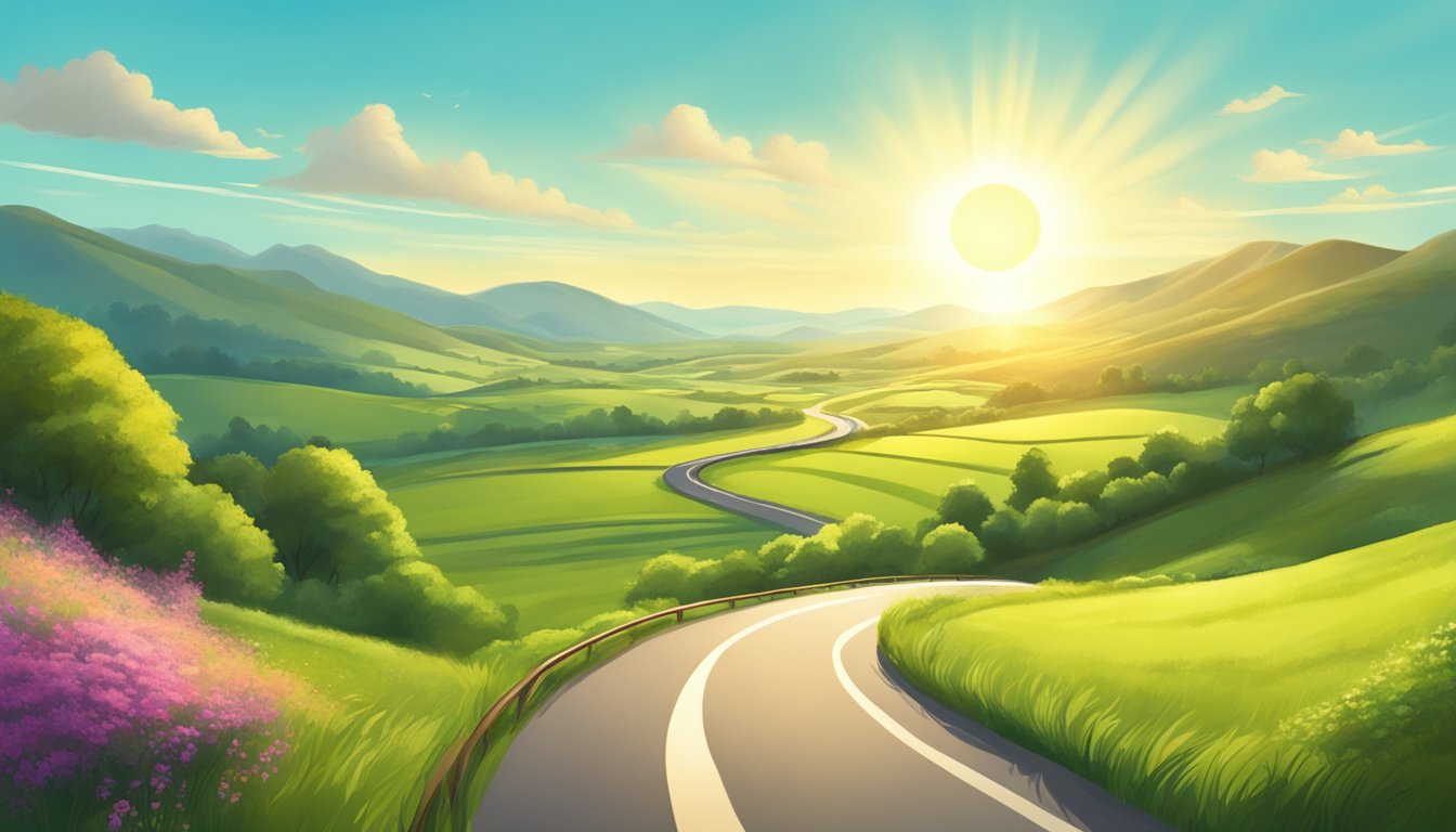 A winding road leading through a lush countryside, with a bright sun shining in the sky and a sense of freedom in the air