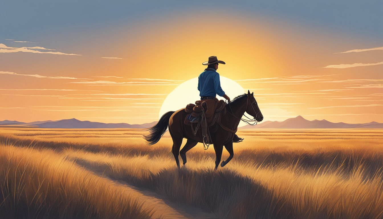 A lone cowboy riding through a vast, open prairie, with a clear blue sky overhead and the sun setting in the distance