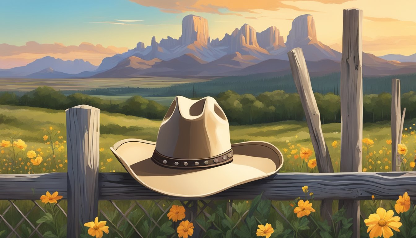 A lone cowboy hat rests on a weathered wooden fence, surrounded by wildflowers and a vast Texas landscape