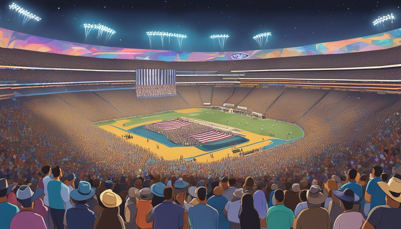 A crowded stadium at the Houston Rodeo, with George Strait performing on stage, surrounded by cheering fans and colorful lights