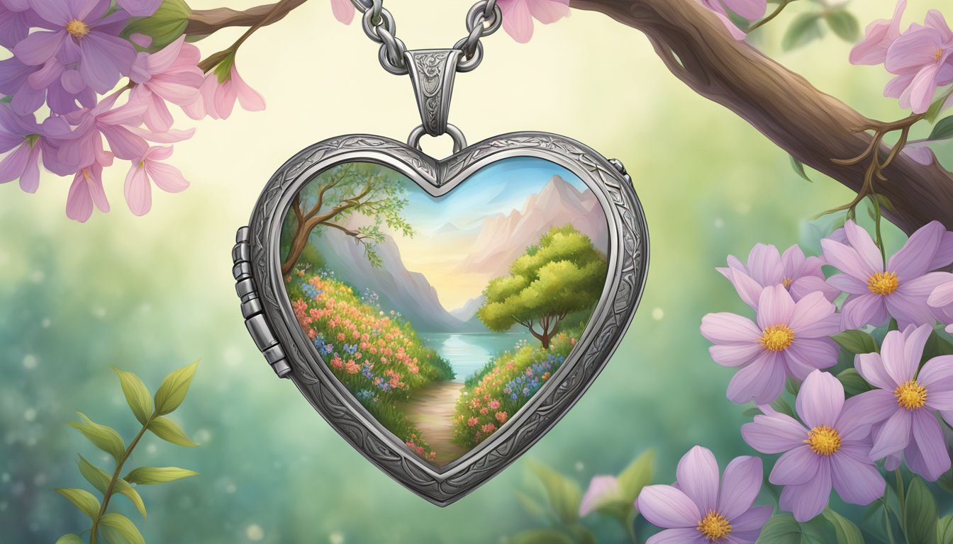 A heart-shaped locket hanging from a tree branch, surrounded by blooming wildflowers