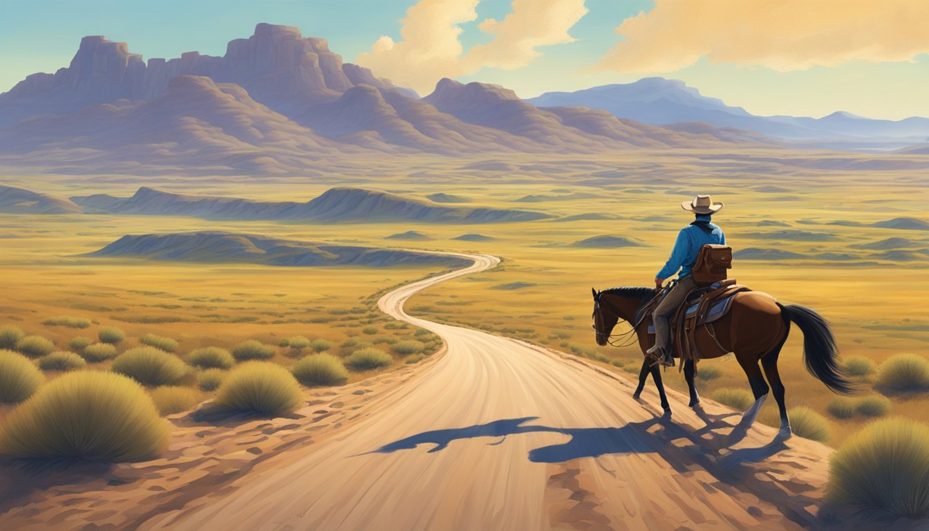 A lone cowboy rides a winding Texas road, passing through rugged hills and vast open plains under a big, blue sky