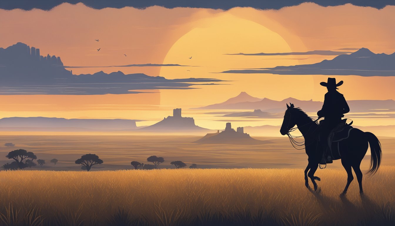 A lone cowboy rides through the golden plains at dawn, with the silhouette of San Antonio in the distance