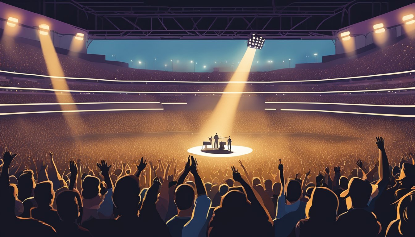 A packed stadium, lights casting a warm glow on the stage, as fans cheer and wave their arms in excitement. The iconic silhouette of George Strait performing under the spotlight, creating a historic concert moment