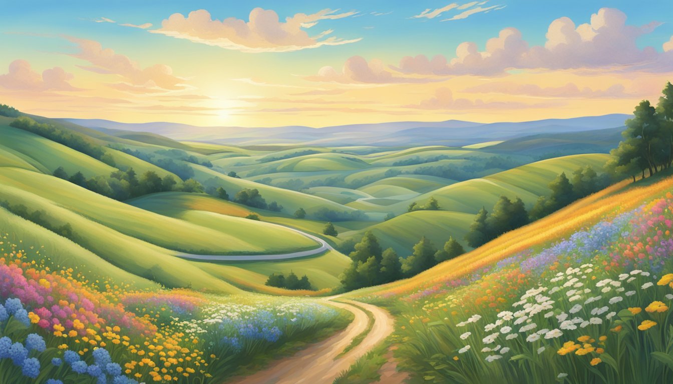 A winding road stretches through rolling hills and fields, bordered by colorful wildflowers and tall grasses. The sky is clear and blue, with fluffy white clouds drifting lazily overhead