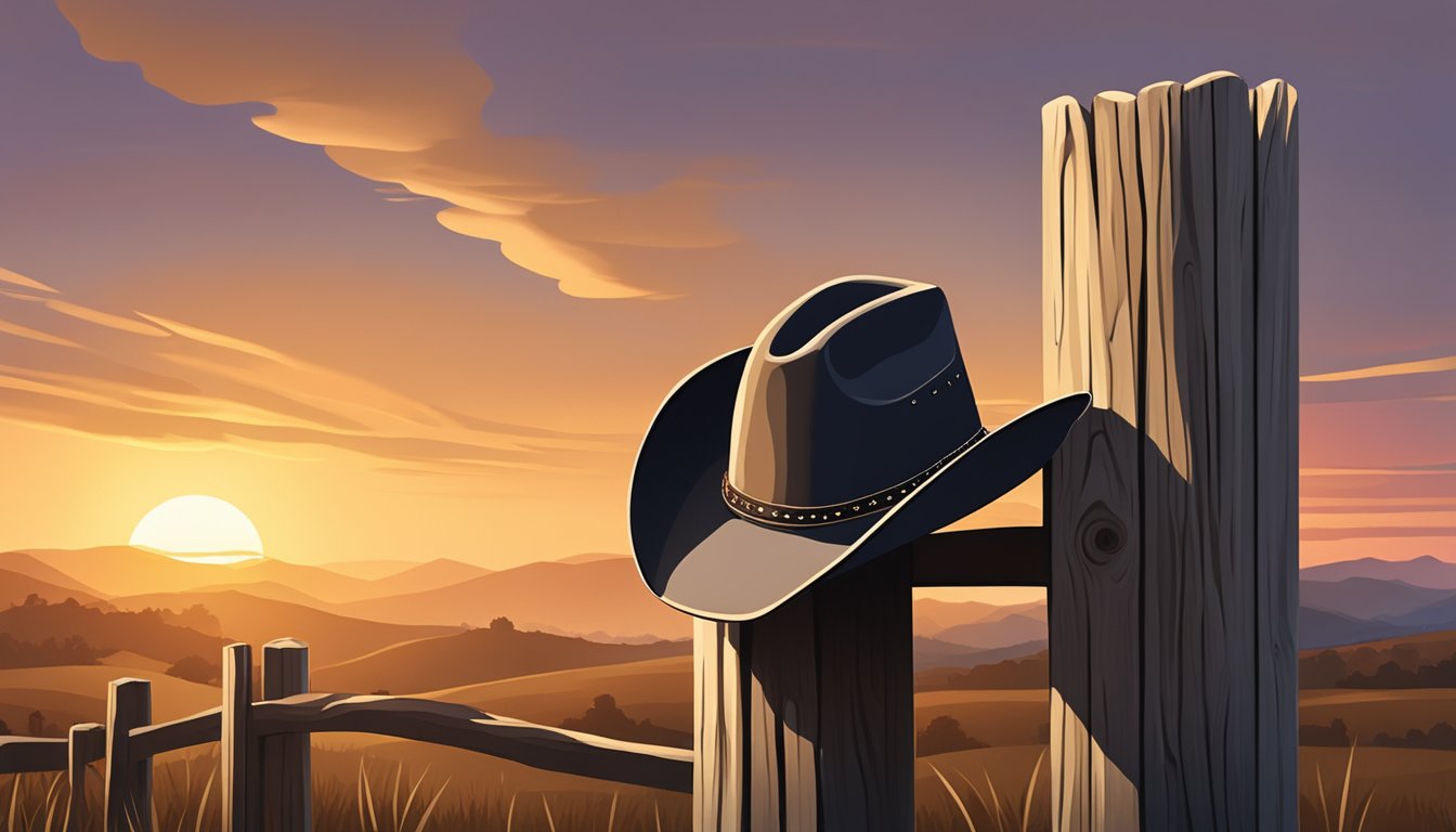 A cowboy hat resting on a weathered wooden fence post, surrounded by a backdrop of rolling hills and a sunset sky