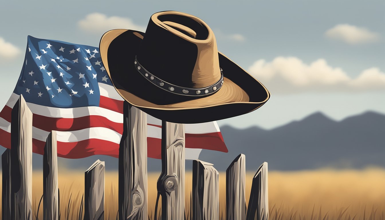 A lone cowboy hat rests on a weathered wooden fence, surrounded by rolling hills and a Texas flag flapping in the breeze