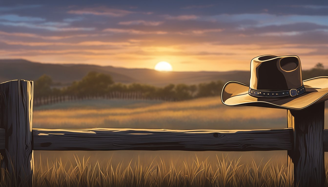 A cowboy hat resting on a weathered wooden fence post, with a pair of well-worn cowboy boots nearby. The sun setting over a sprawling Texas landscape in the background