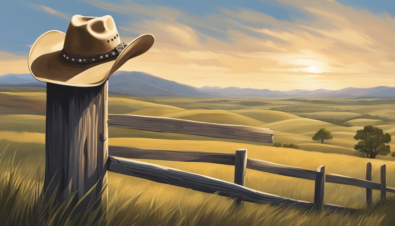 A lone cowboy hat rests on a weathered wooden fence post, surrounded by rolling hills and a lone star flag blowing in the wind