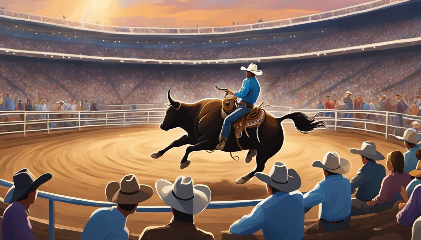 A rodeo arena filled with cheering fans as a bull rider attempts to stay on for 8 seconds, with George Strait performing in the background