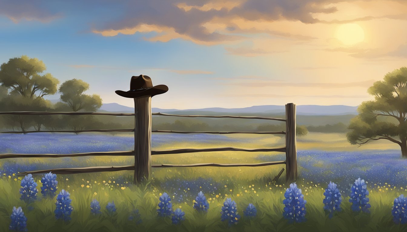 A lone cowboy hat rests on a weathered wooden fence, surrounded by blooming bluebonnets and a distant silhouette of a cowboy on horseback