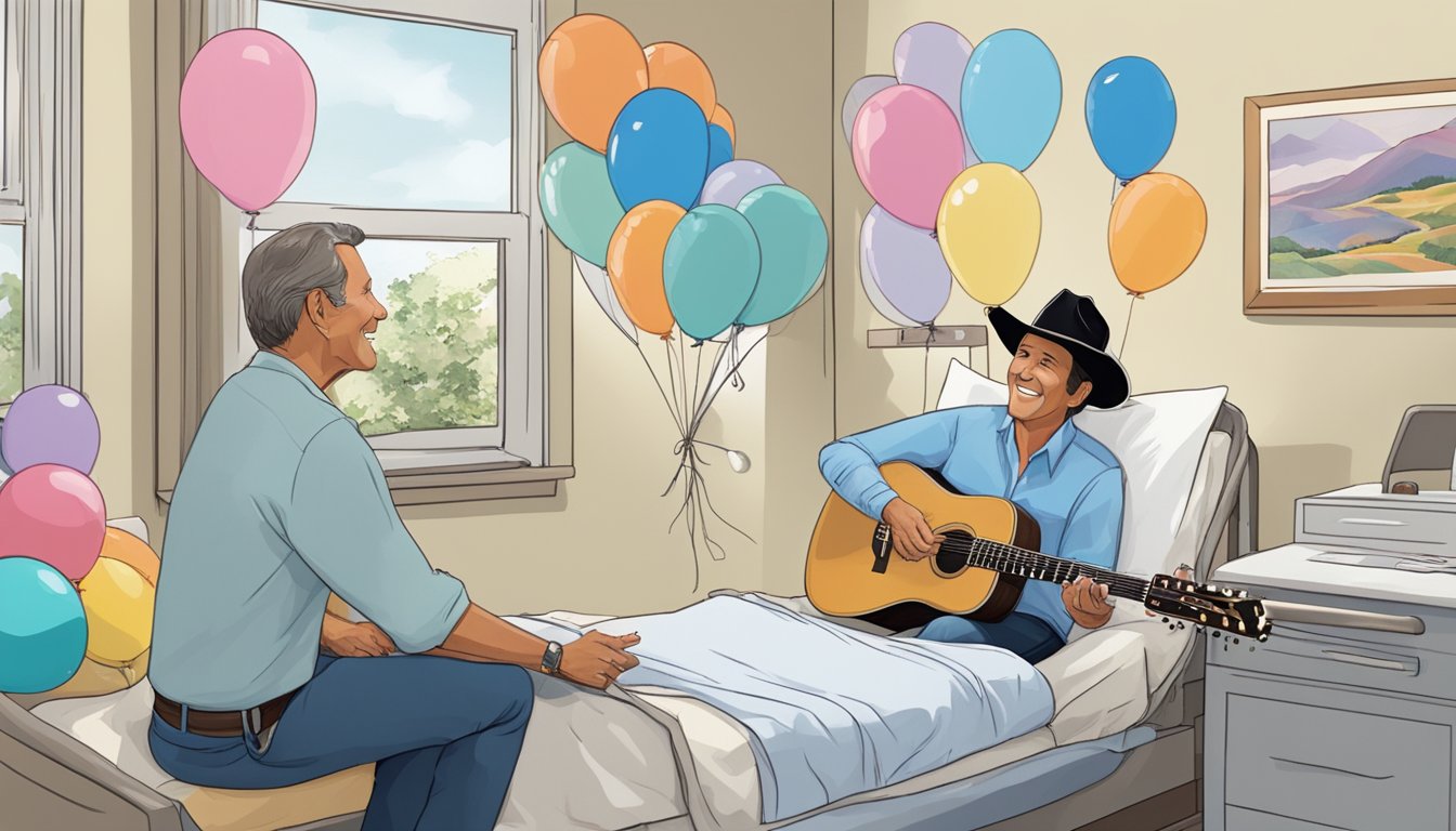 George Strait surprising a fan in a hospital room with a guitar and a smile, surrounded by balloons and get-well cards