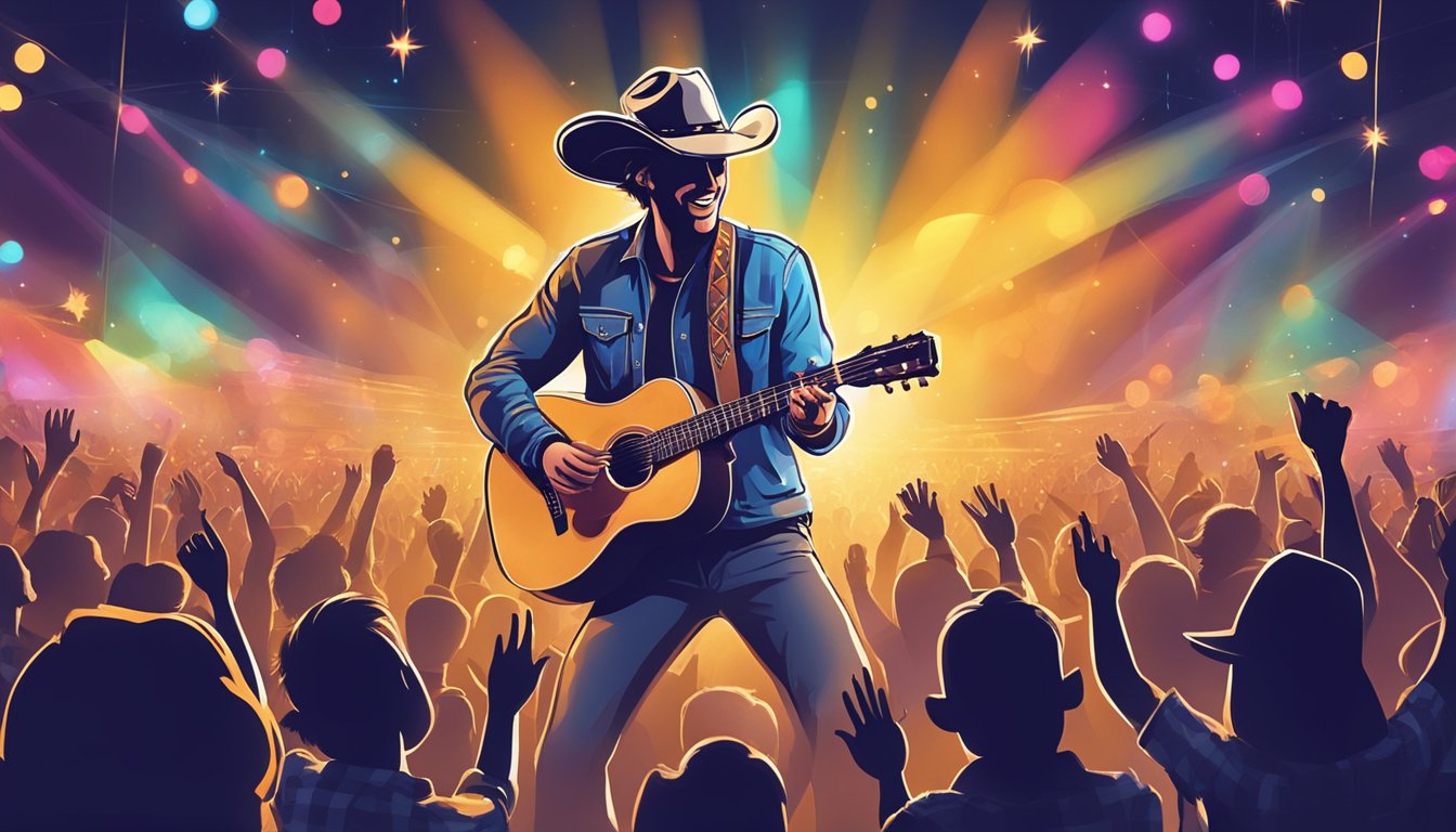 A music festival stage with a spotlight on a mysterious figure in a cowboy hat and a guitar, surrounded by excited fans