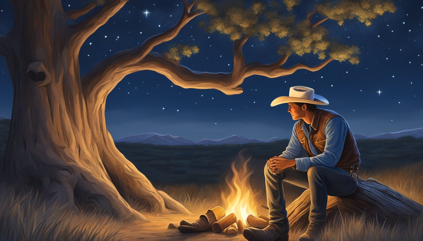 A lone cowboy sits by a campfire under a starry sky, his guitar resting against a tree. Tears glisten in his eyes as he listens to George Strait's music