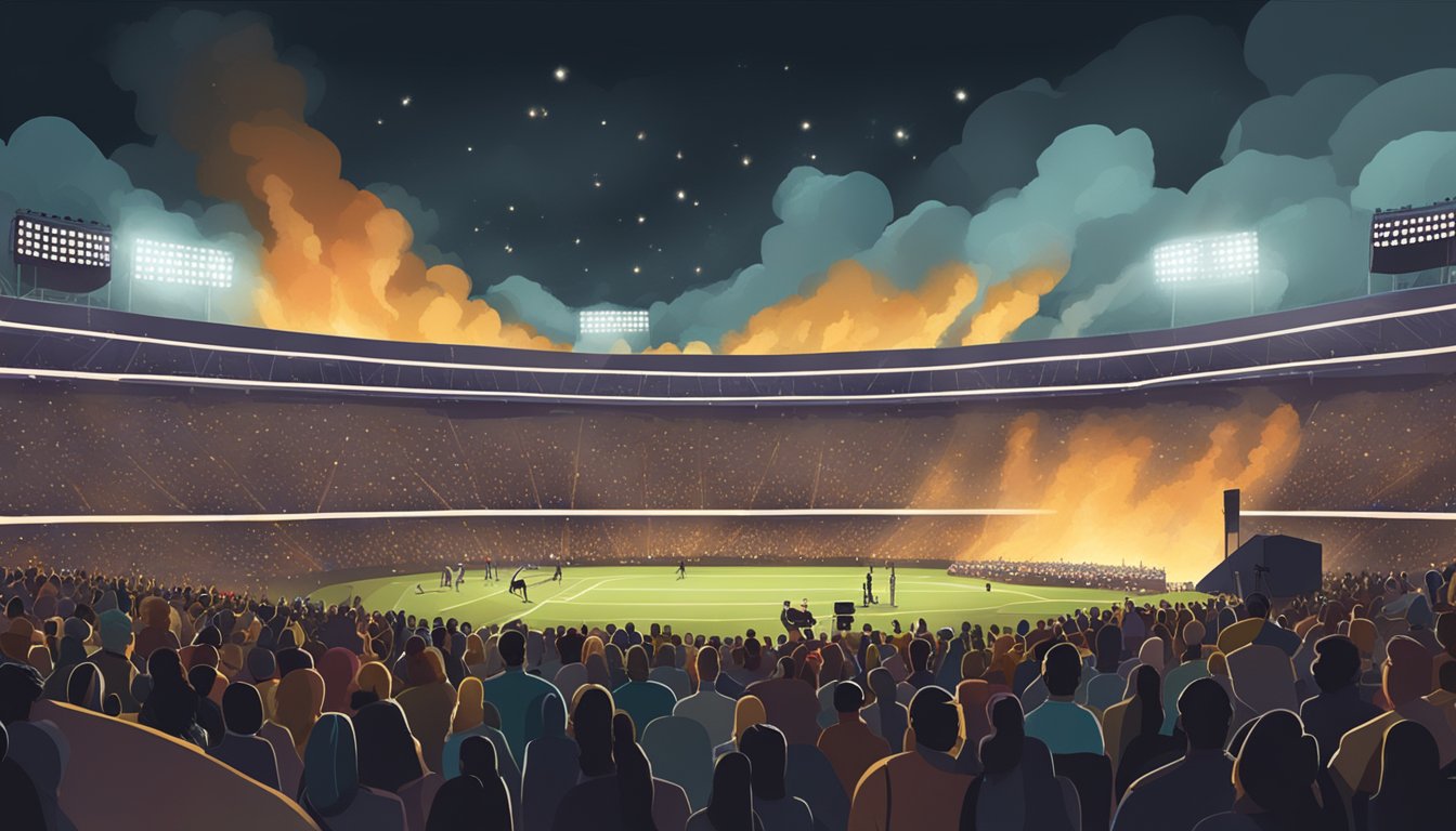 A packed stadium with stage, lights, and instruments. Smoke rises from the wildfires in the distance