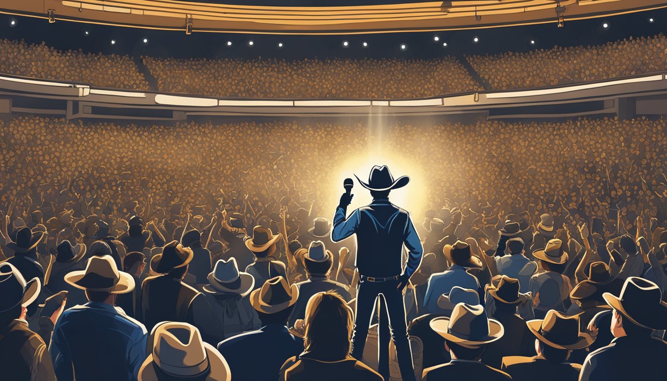 A stage with a spotlight shining on a lone microphone, surrounded by a crowd of cheering fans holding up signs and waving cowboy hats