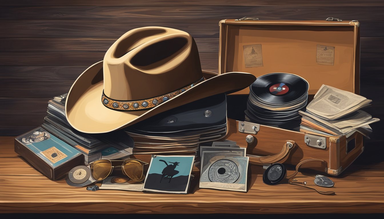 A lone cowboy hat sits atop a weathered guitar case, surrounded by vintage vinyl records of George Strait's greatest hits