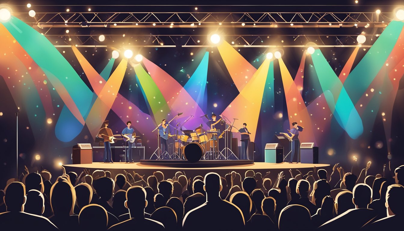 A stage with instruments, microphones, and spotlights, surrounded by a cheering audience