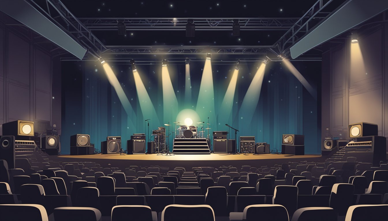 A stage with a spotlight on a lone microphone, surrounded by instruments and amplifiers. The audience is seated in a darkened auditorium, eagerly awaiting the performance