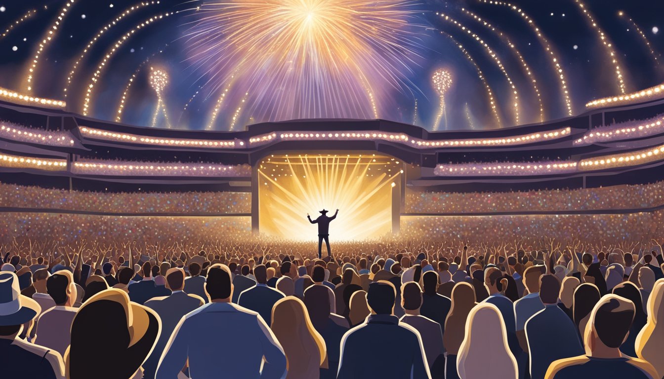 A crowd of thousands cheers as George Strait performs on a grand stage, surrounded by dazzling lights and towering speakers. The music fills the air, leaving the audience in awe