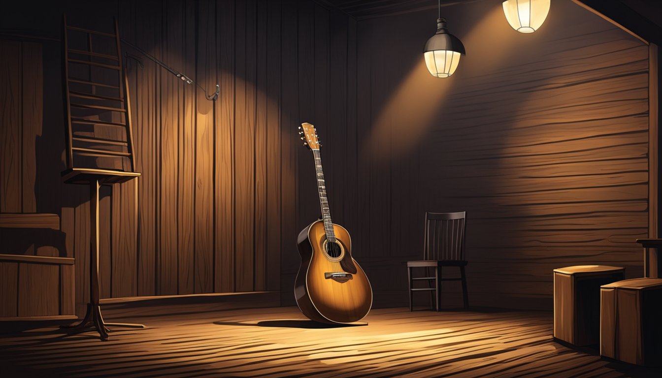 A lone guitar sits on a weathered wooden stage, surrounded by empty chairs and dim lights. A spotlight shines on the instrument, casting a soft glow