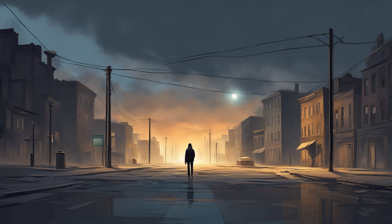 A lone figure stands on a desolate street, surrounded by broken buildings and flickering streetlights. The sky is dark and ominous, reflecting the somber tone of the scene