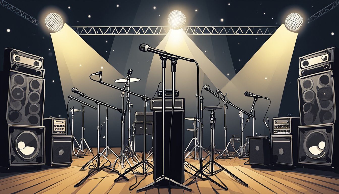 A lone microphone stands center stage, bathed in a spotlight, surrounded by instruments and amplifiers, as the audience's eager anticipation fills the air