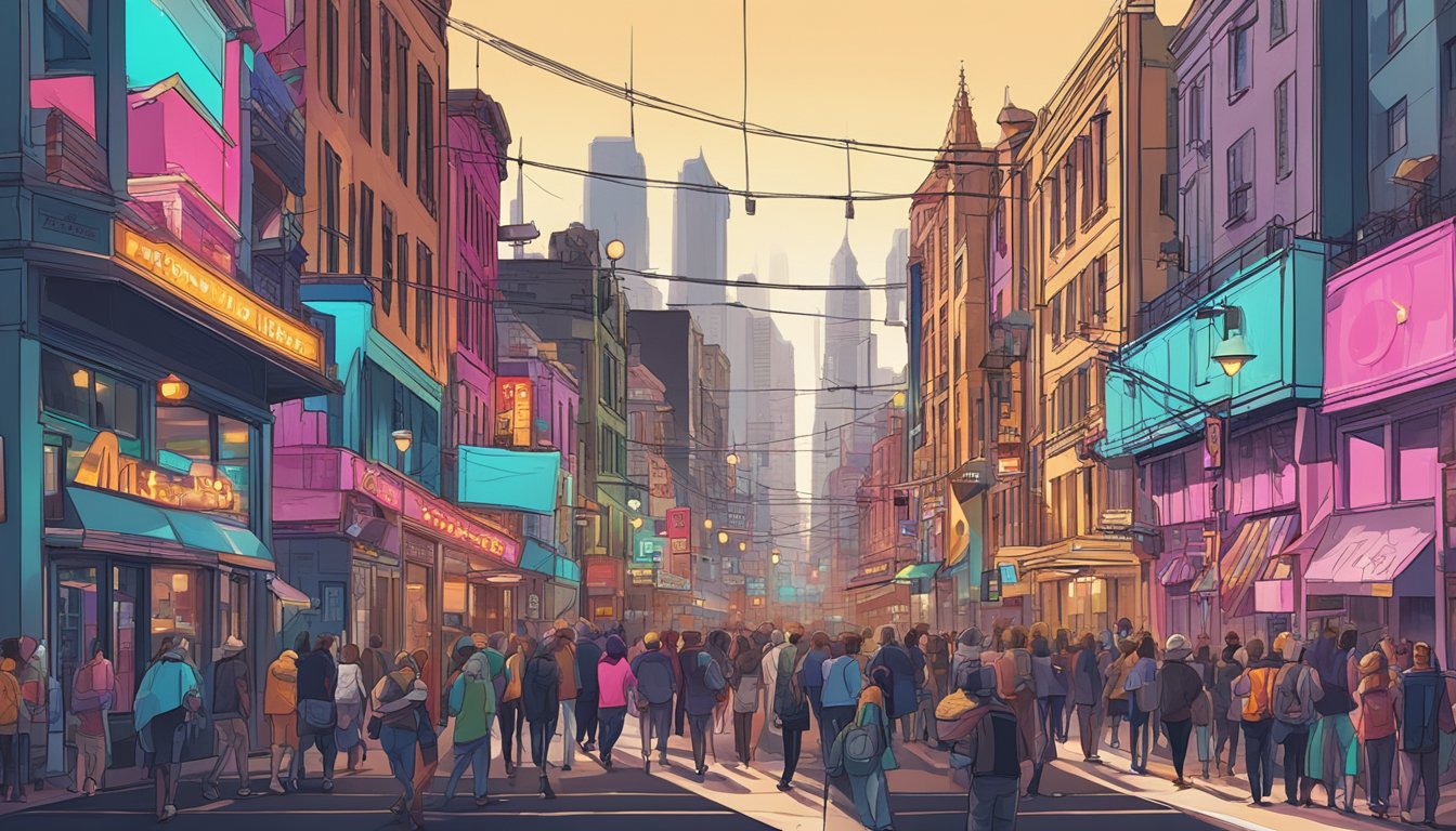 A crowded music row with a mix of old and modern buildings, neon signs, and bustling activity