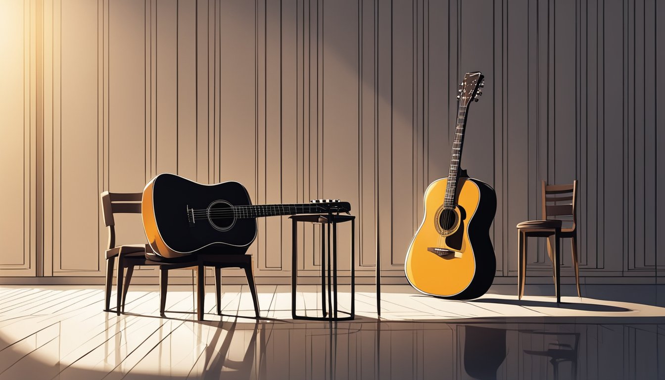 A lone guitar sits on a dimly lit stage, surrounded by empty chairs. A spotlight shines down, casting long shadows on the floor