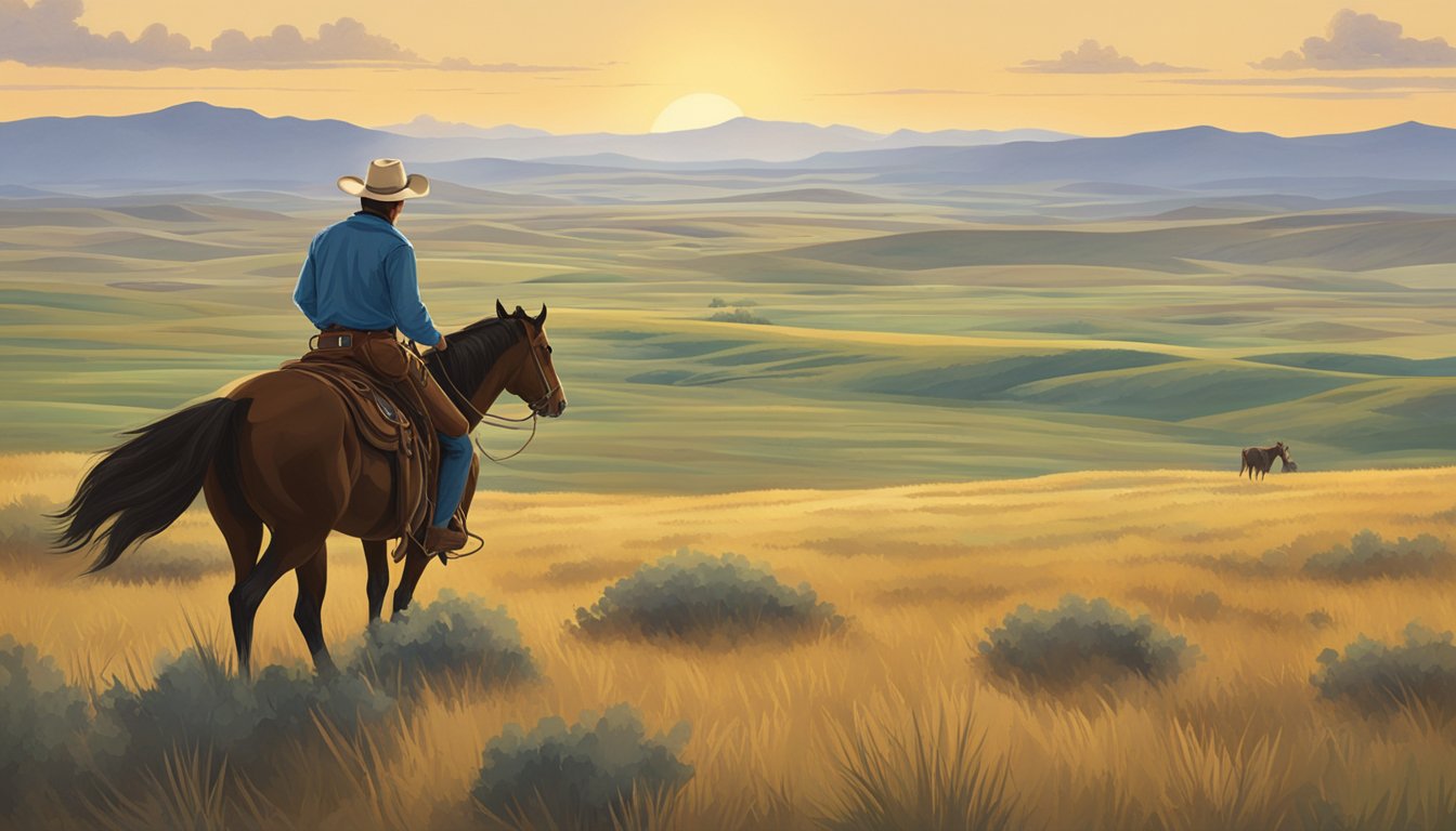 A lone cowboy rides through a vast, open prairie, with a backdrop of rolling hills and a big, open sky