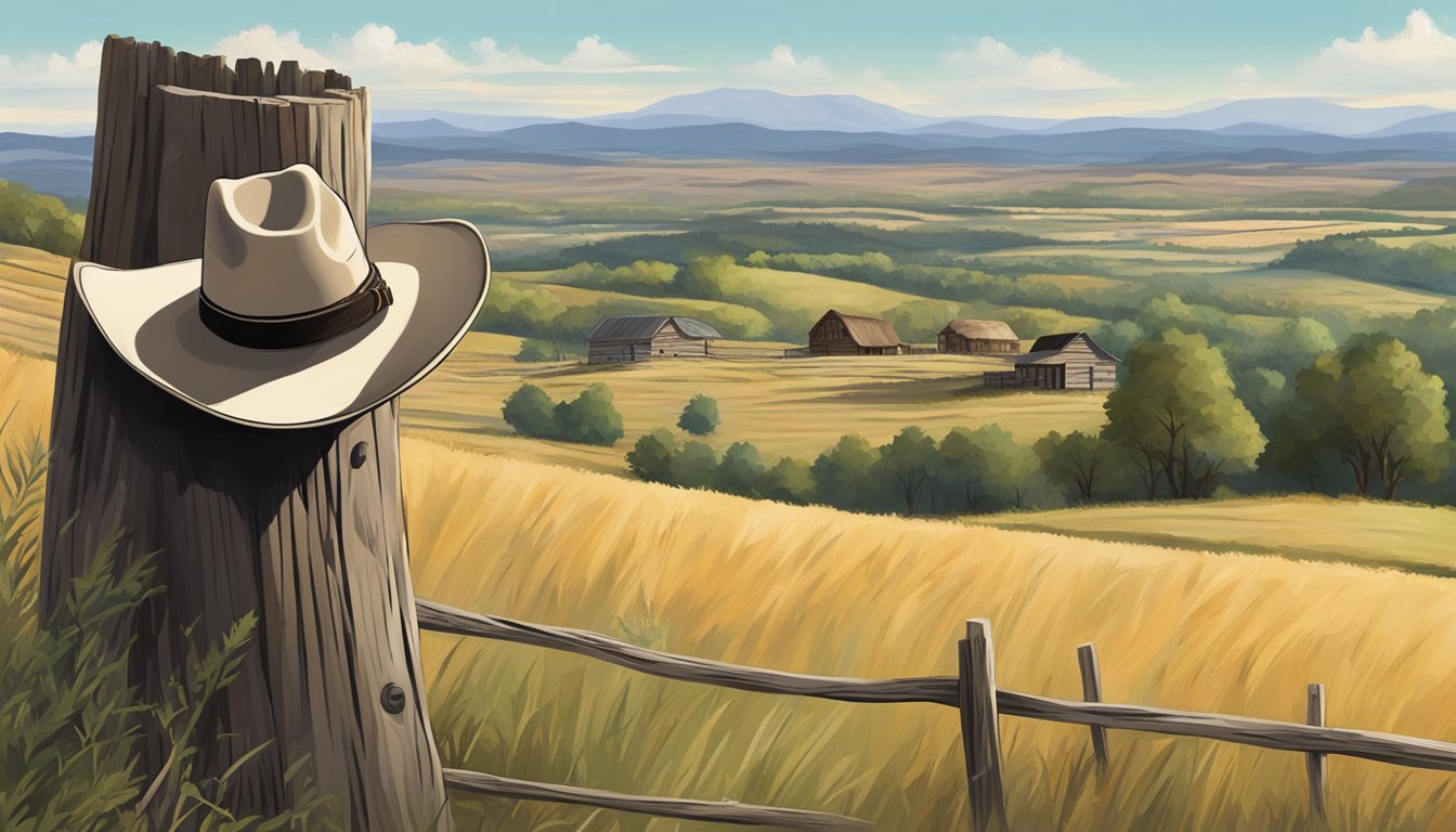 A lone cowboy hat rests on a weathered fence post, surrounded by rolling hills and a small country town in the background