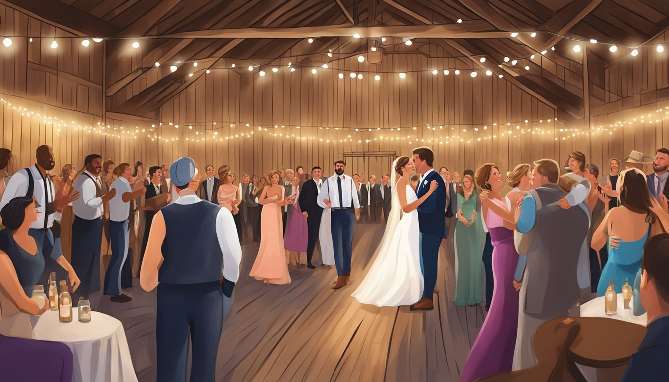 A rustic barn wedding with a live band playing George Strait songs, surrounded by twinkling lights and happy guests dancing