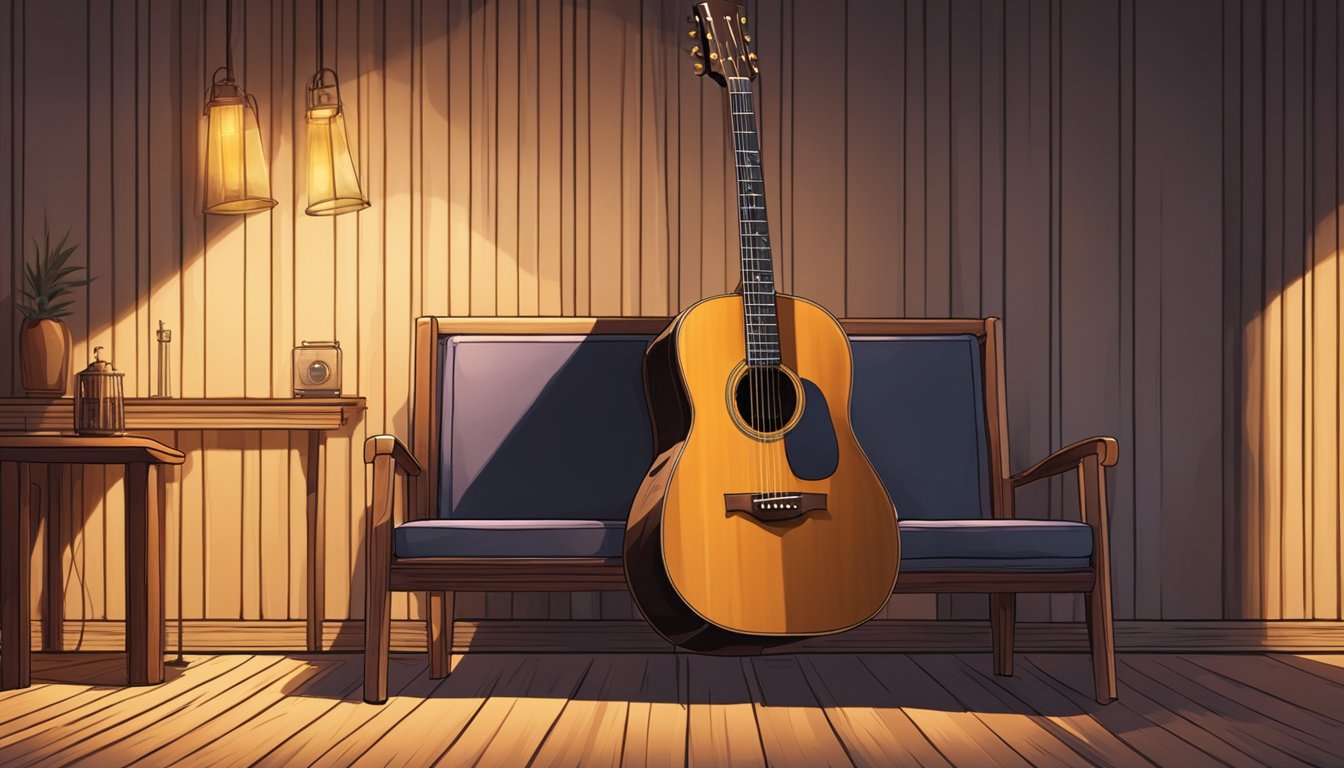 A lone guitar sits on a weathered wooden stage, surrounded by empty chairs. The spotlight shines on the instrument, casting a warm glow in the dim room