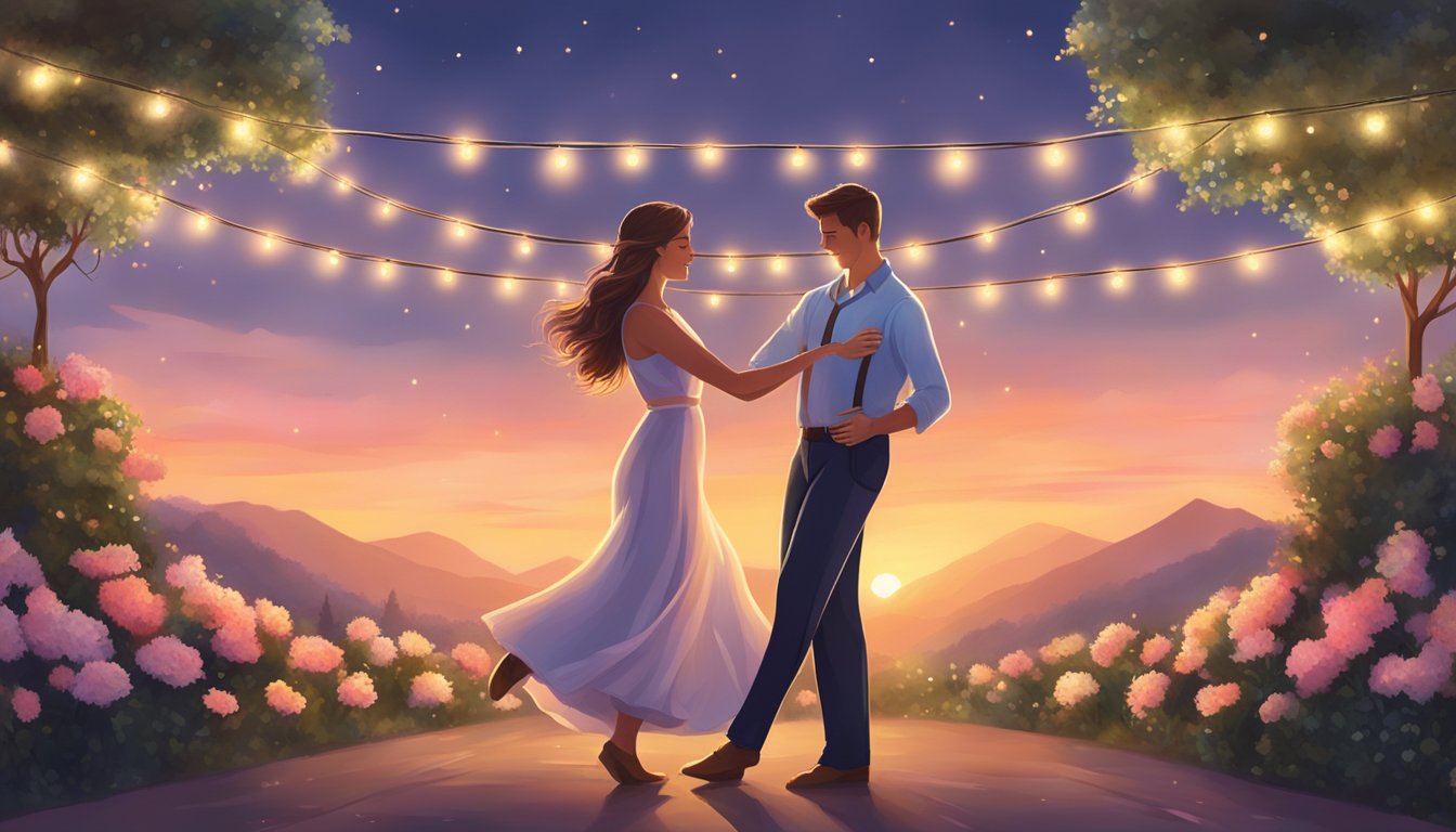 A couple dances under a string of twinkling lights, surrounded by blooming flowers and a serene sunset